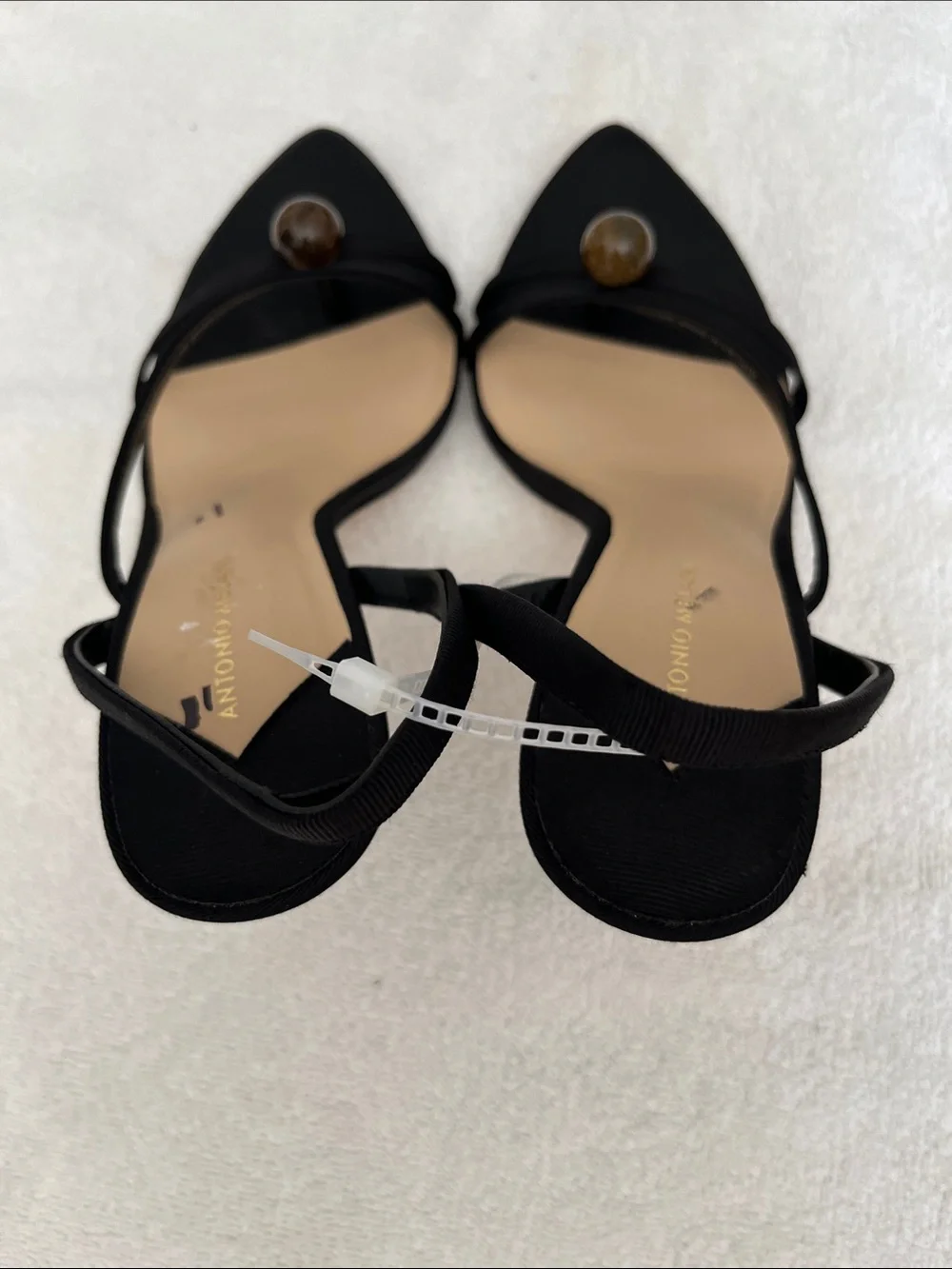 ANTONIO MELANI Black Strappy Slingback Heels with Decorative Bead